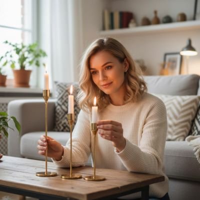 Femme dans salon avec 3 Bougeoirs épurées