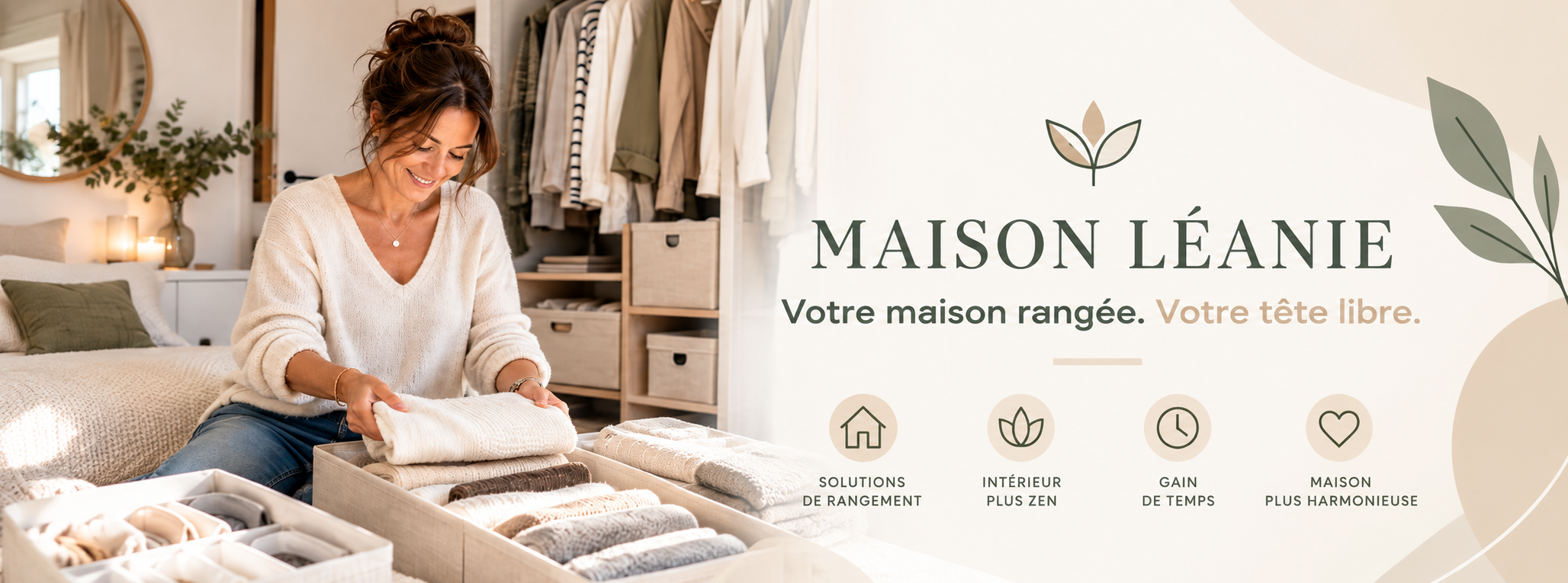 Femme souriante pliant du linge dans un dressing organisé Maison Léanie, signature Votre maison rangée. Votre tête libre.